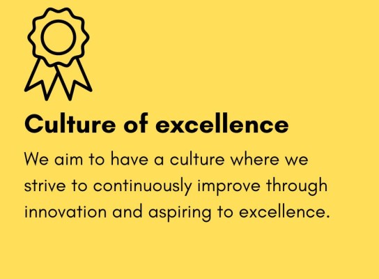 Culture of Excellence. We aim to have a culture where we strive to continuously improve through innovation and aspiring to excellence.