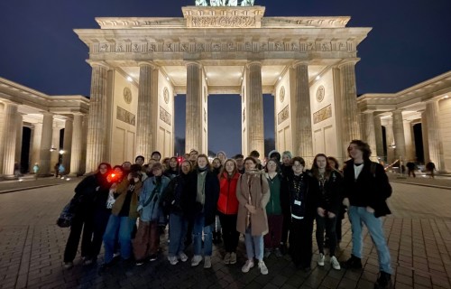 Film and Media student outside the Brandenburg gate about to visit the Bundestag dome.