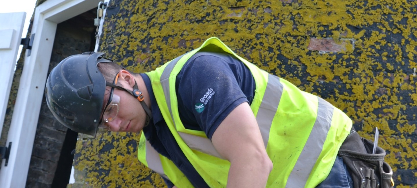 Broads Authority apprentice Tom Allen working on the current restoration project at Highs Mill PIC CITY COLLEGE NORWICH